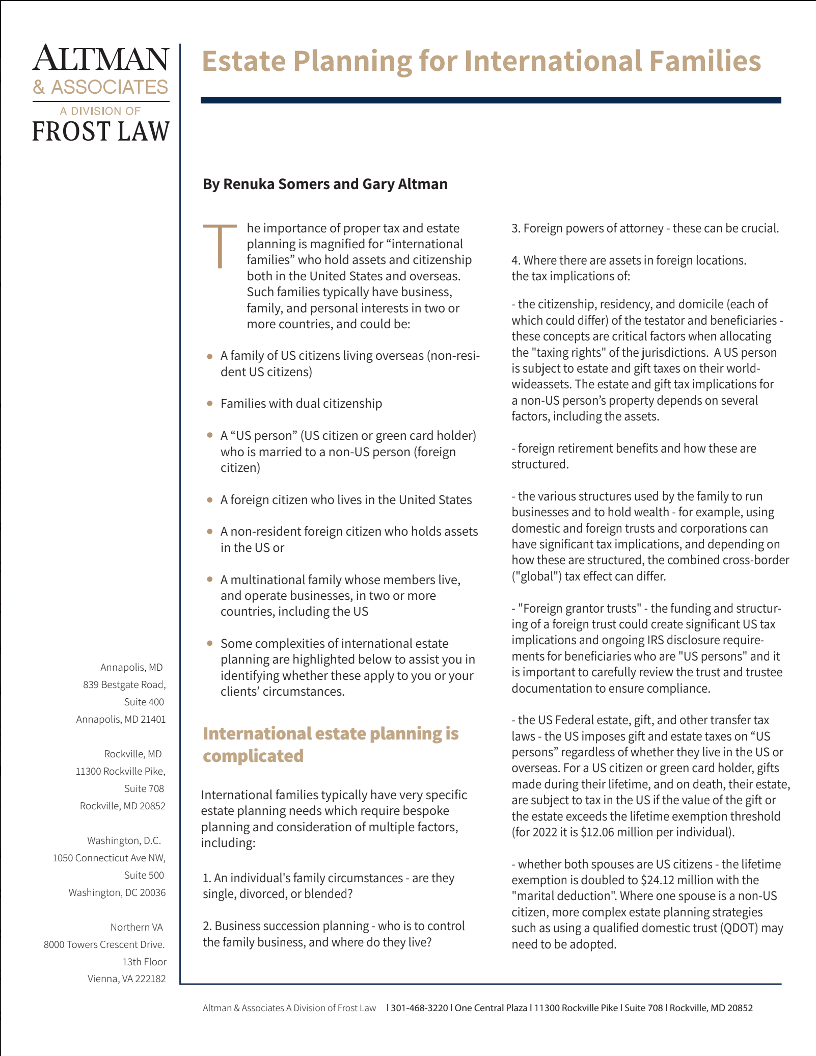 First page of the Altman & Associates article "Estate Planning for International Families" by Renuka Somers and Gary Altman.