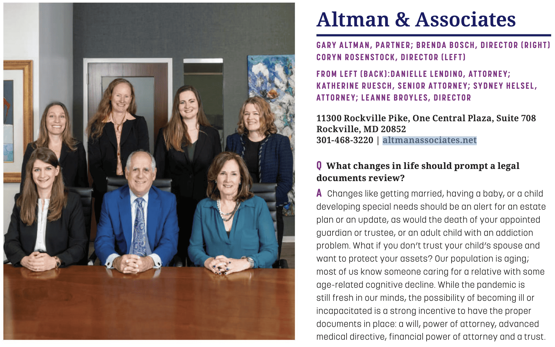 Altman & Associates Bethesda Magazine feature: a team photo of the firm's attorneys with a Q&A on when to review legal documents.