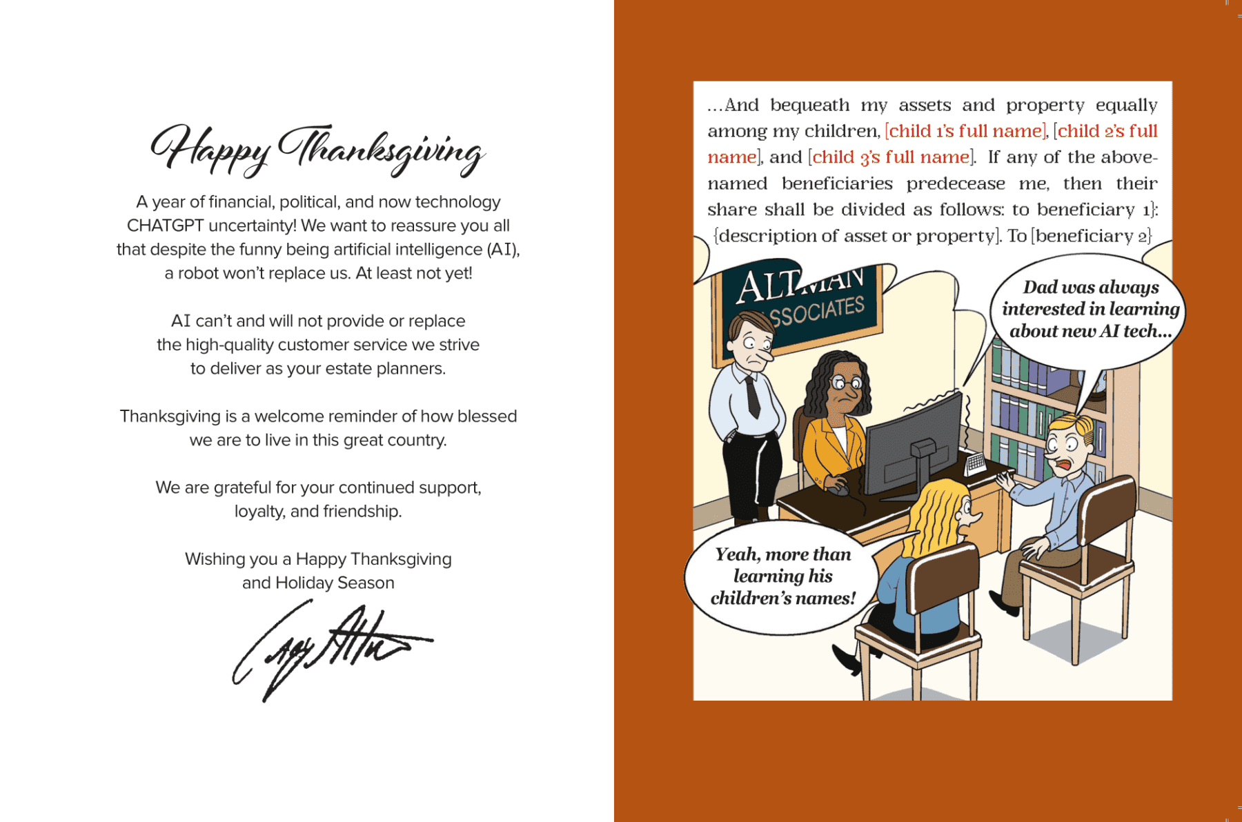 Altman & Associates Happy Thanksgiving card: a holiday message signed by Gary Altman alongside a cartoon of clients reviewing an AI-drafted will in the firm's office.