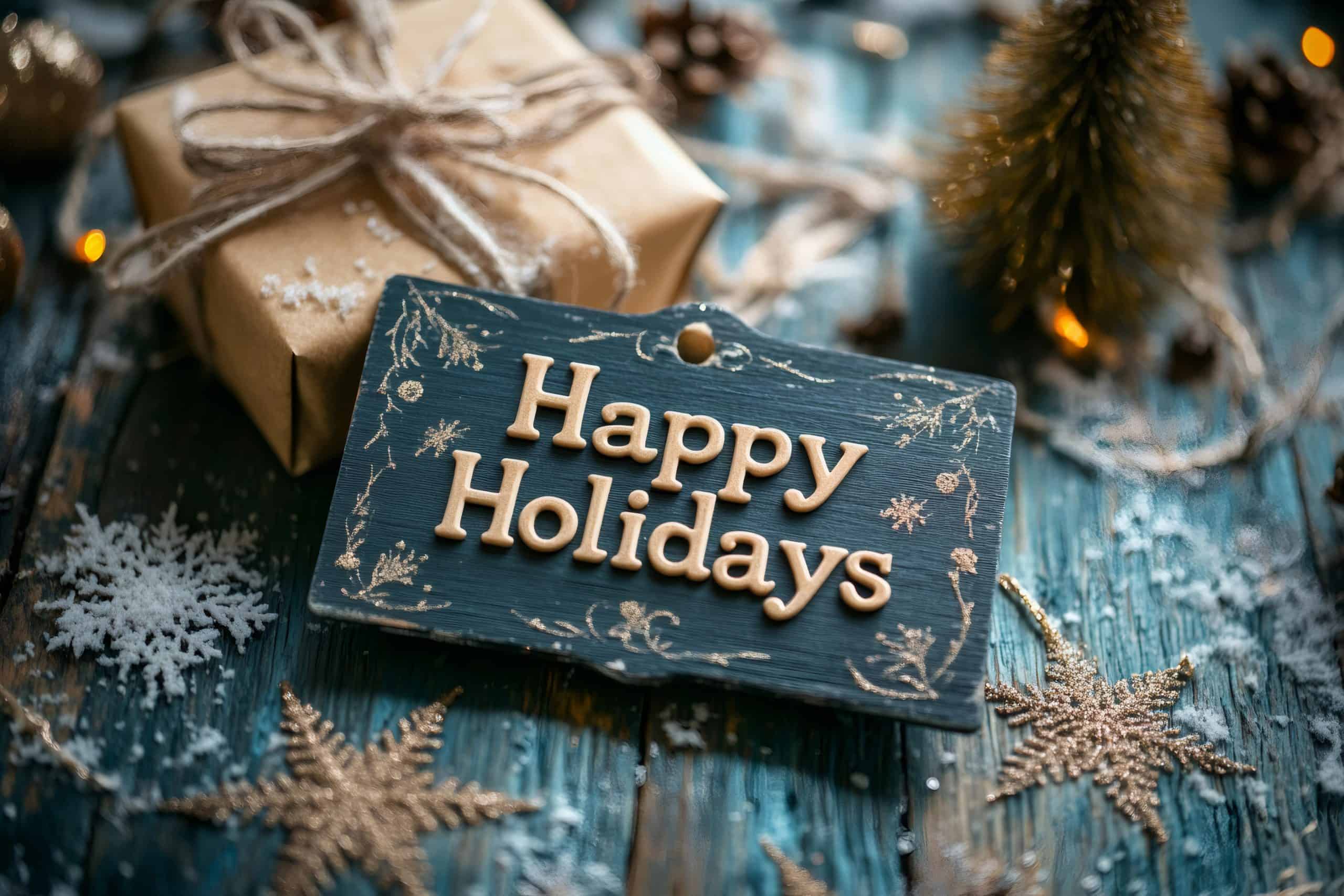 A rustic "Happy Holidays" wooden tag beside a wrapped gift and snowflakes.