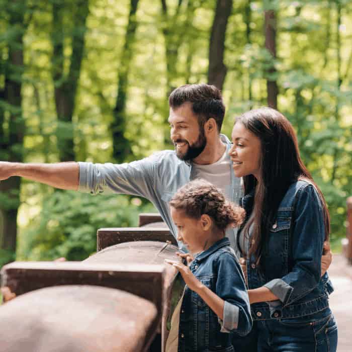 A family of three looking out over canoes in a forest, the father pointing into the distance.