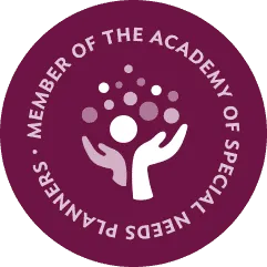 A circular maroon badge reading "Member of the Academy of Special Needs Planners" around a stylised figure with upraised arms.