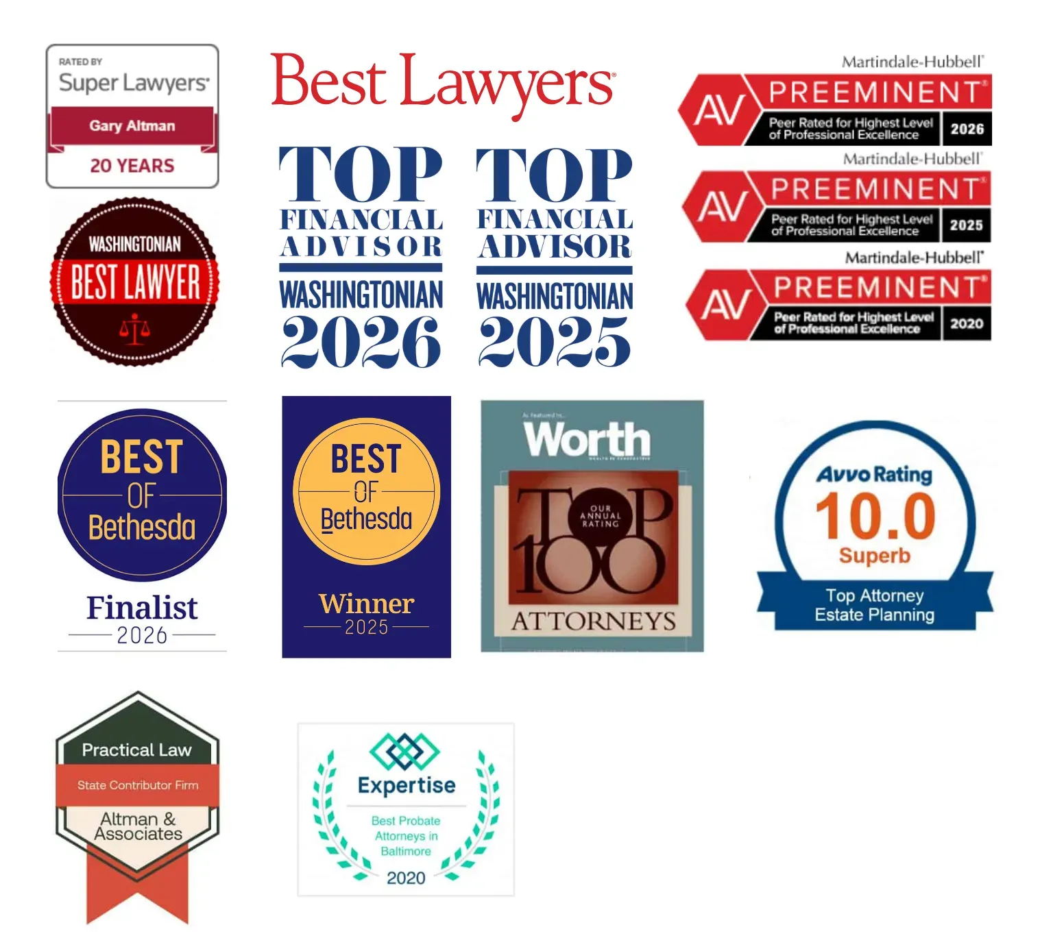 Award badges earned by Gary Altman and Altman & Associates: Worth Top 100 Attorneys, Washingtonian Best Lawyer, Super Lawyers (20 years), The American Registry, Martindale-Hubbell AV Preeminent for 2020 and 2025, an Avvo 10.0 Superb rating for estate planning, Expertise Best Probate Attorneys in Baltimore 2020, and Practical Law State Contributor Firm.