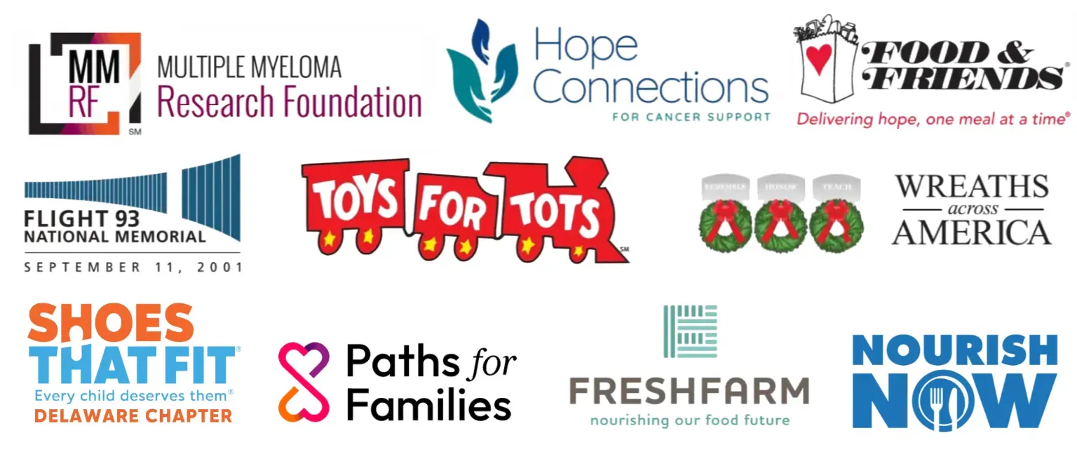 Logos of charities supported by the firm: Multiple Myeloma Research Foundation, Flight 93 National Memorial, Hope Connections for Cancer Support, Wreaths Across America, Food & Friends, Nourish Now, Toys for Tots, FreshFarm, Paths for Families, and Shoes That Fit (Delaware Chapter).