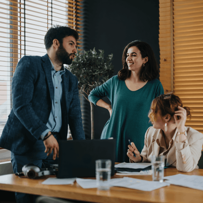 Three business people sitting and standing at a conference table, talking.